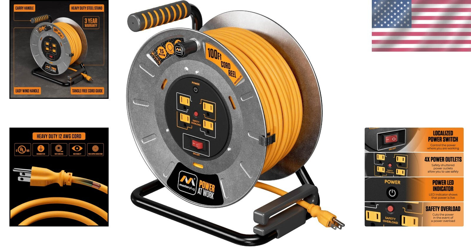 100ft Metal Cord Reel with 4 Outlets & Overload Protection - Safe Power Solution
