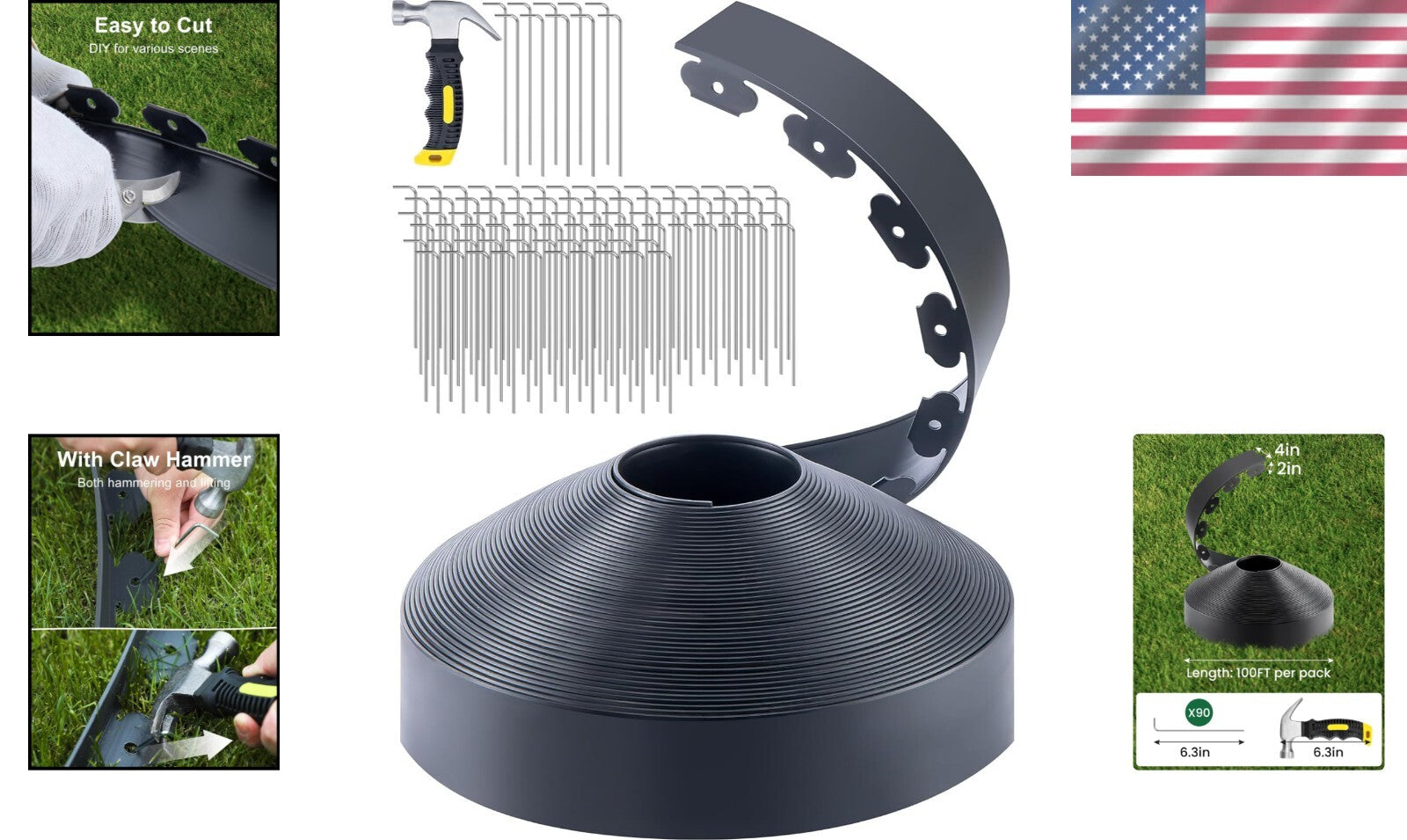 Trenchless 4" Tall Rubber Garden Edging - Flexible Landscape Border with Hammer