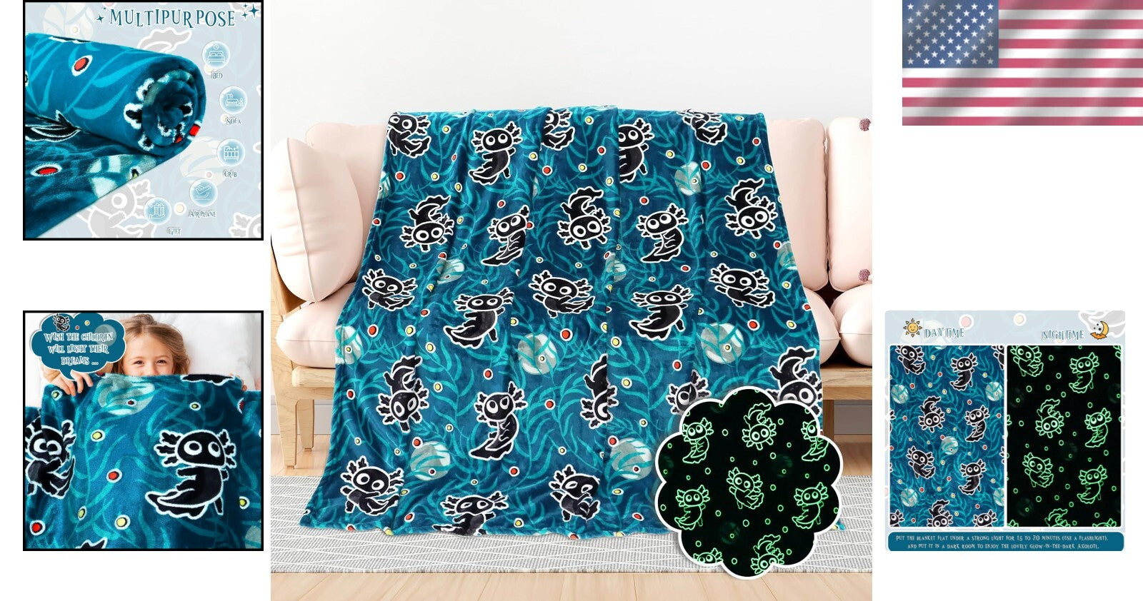 Cute Glow in the Dark Axolotl Blanket - Machine Washable Twin Size Comfort