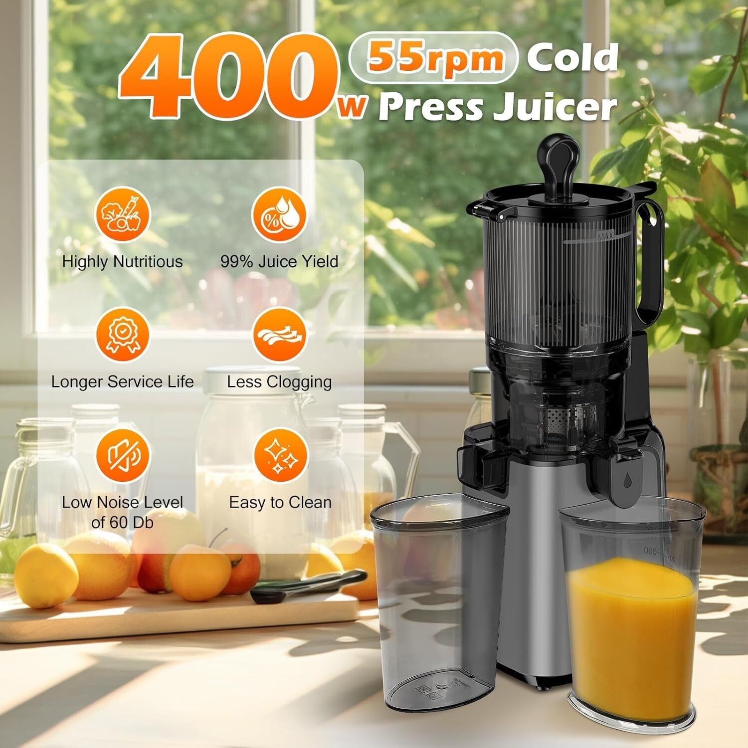 Professional Slow Masticating Juicer with Dual Strainers for Maximum Juice Yield