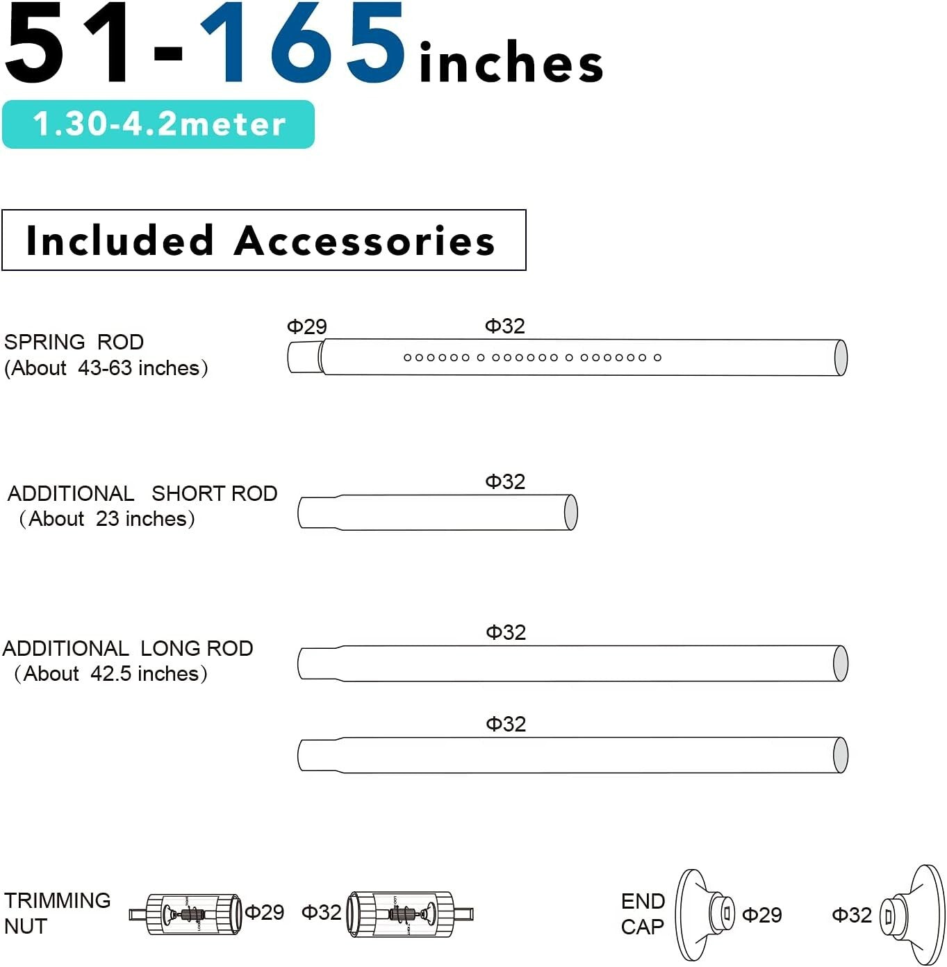 Durable 1.26 Inches Tension Rod for Shower, 51-165 Inches, Easy No-Drill Install