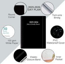 Load image into Gallery viewer, Stylish Black Planner 2025-2026 - Daily and Monthly with Comprehensive Layout