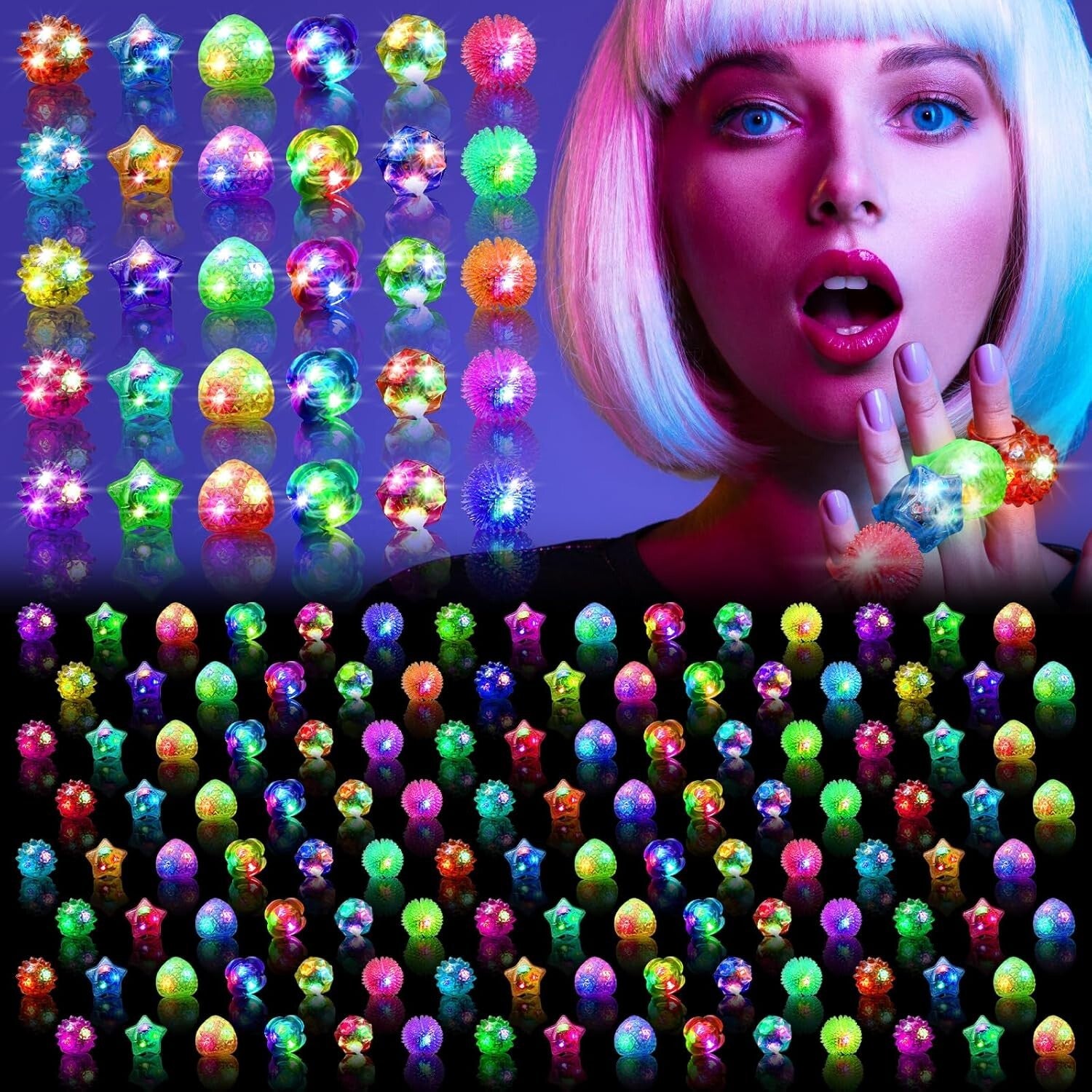Versatile LED Glow Rings Pack - 150 Count with 6 Unique Styles for Celebrations