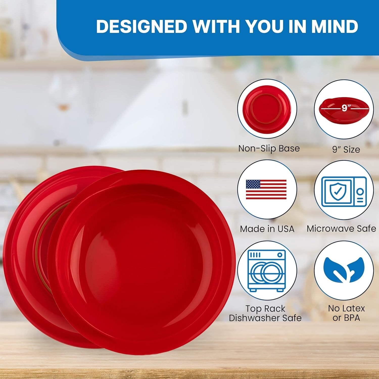 Durable Non-Slip Scoop Plates - 9-inch Set of 6 for Adults with Disabilities