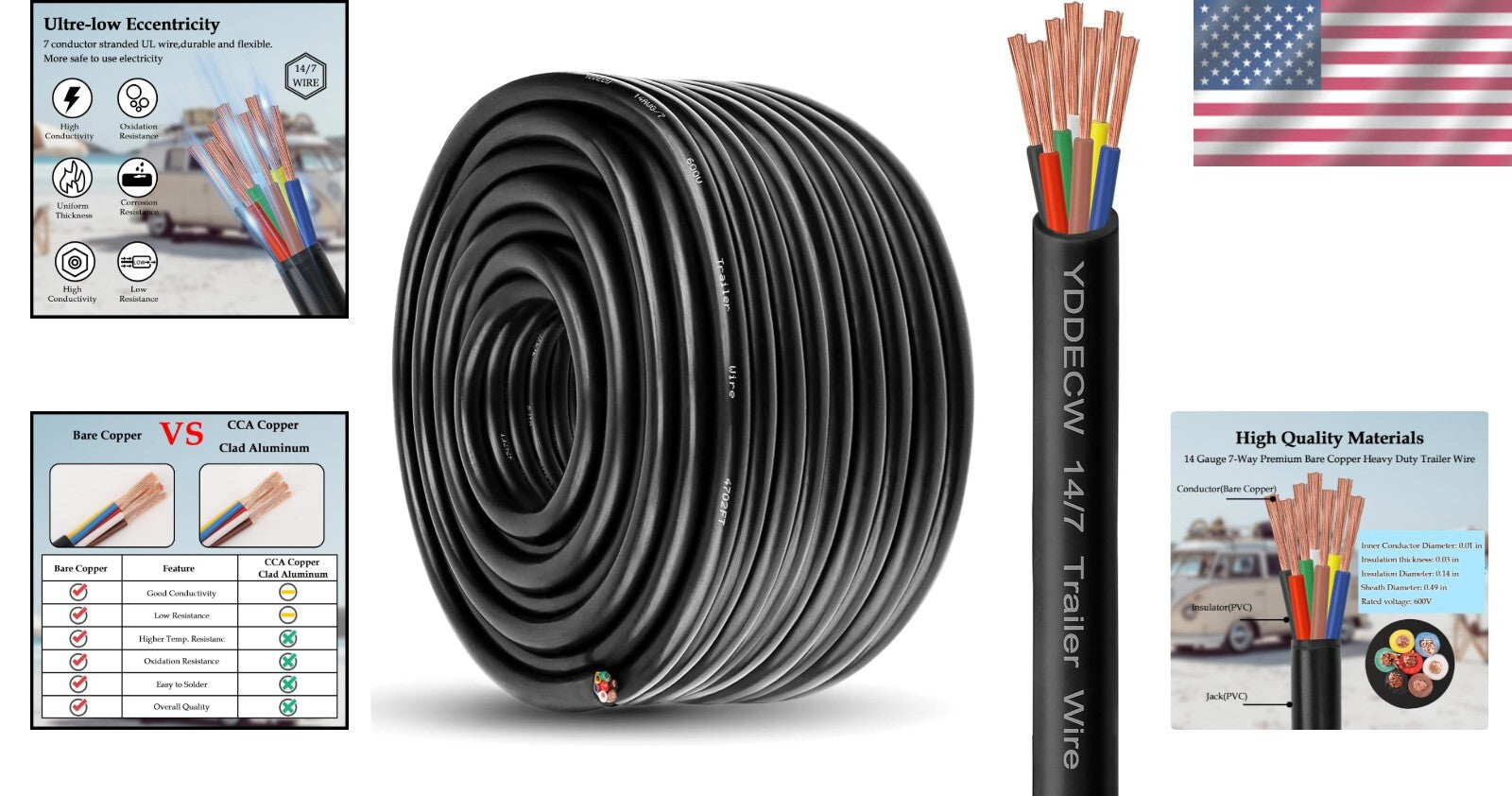Durable 7 Conductor 14 Gauge Copper Wire - Color-Coded 100FT Automotive Cable