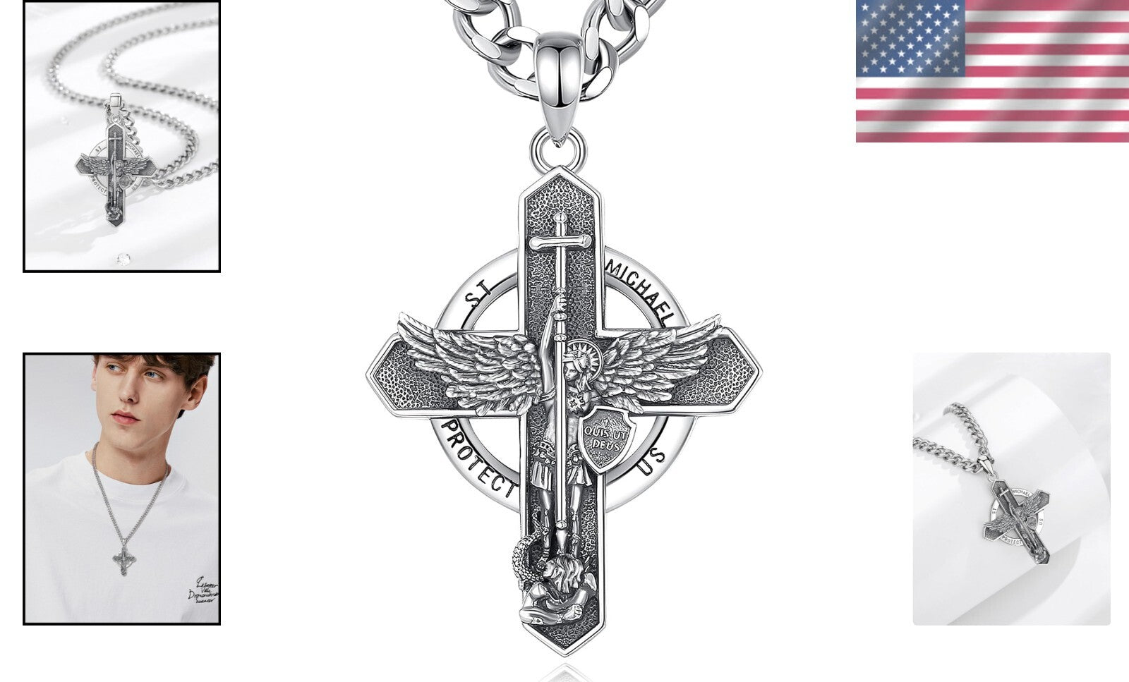 925 Sterling Silver St. Michael Cross Pendant with Cuban Chain - Spiritual Gift