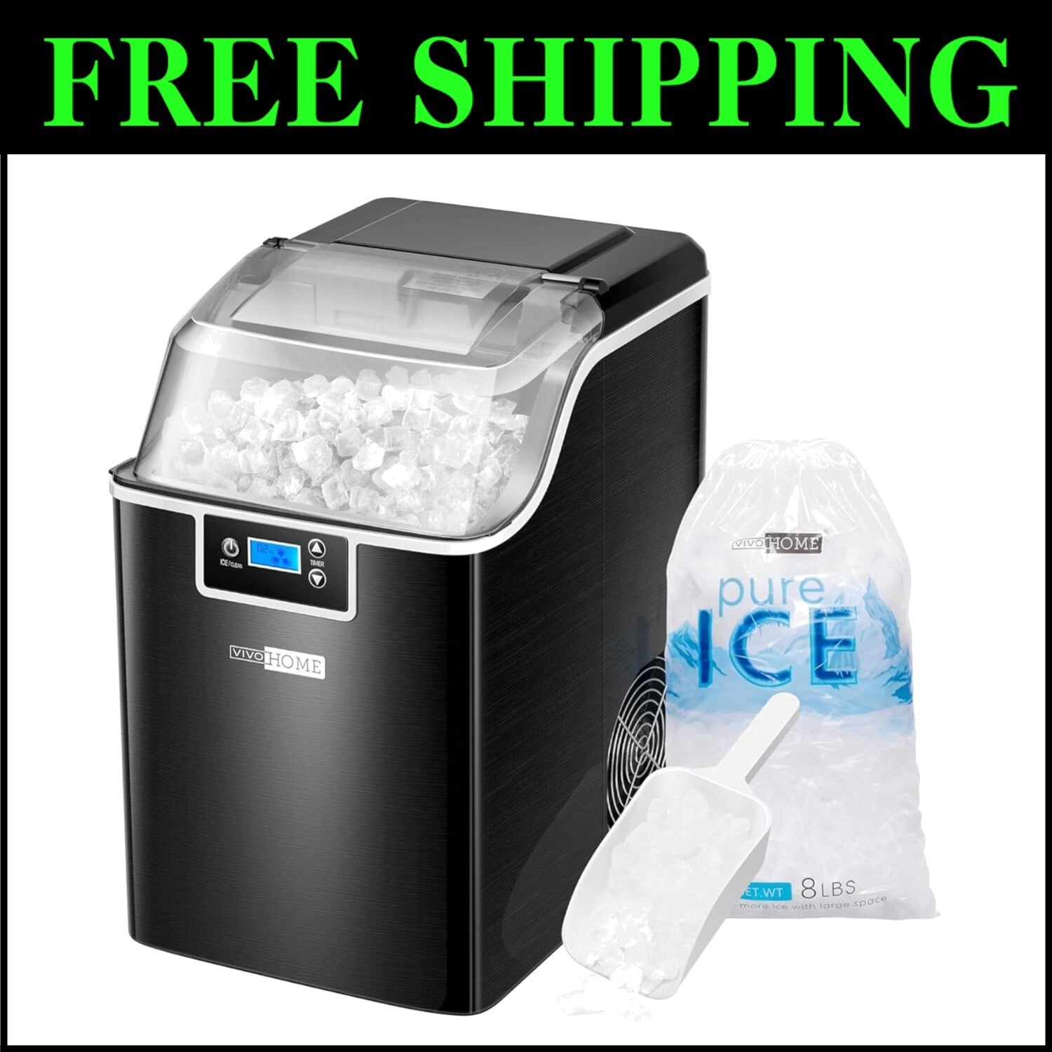 Efficient Nugget Ice Maker with LCD Panel and Self-Cleaning Feature - Portable