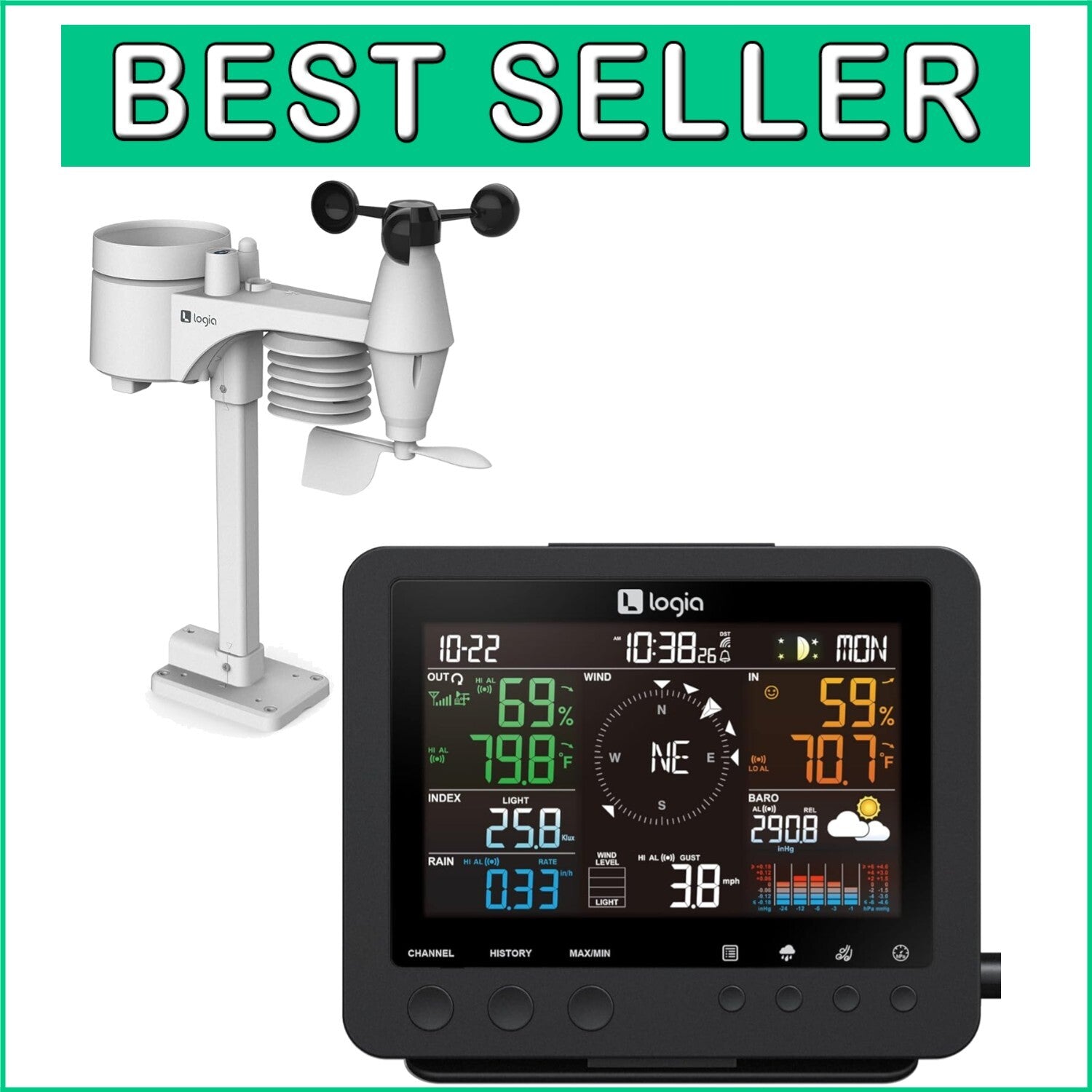 Advanced 7-in-1 Weather Station: Indoor/Outdoor Sensor with Forecast Alerts