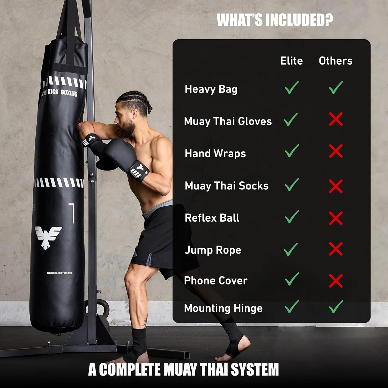6 Ft Black Muay Thai & Kickboxing Heavy Bag Kit - Training Essentials Inside