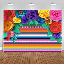 Load image into Gallery viewer, Fiesta Themed Party Backdrop - 10'x8' Mexican Striped Decor with Paper Flowers