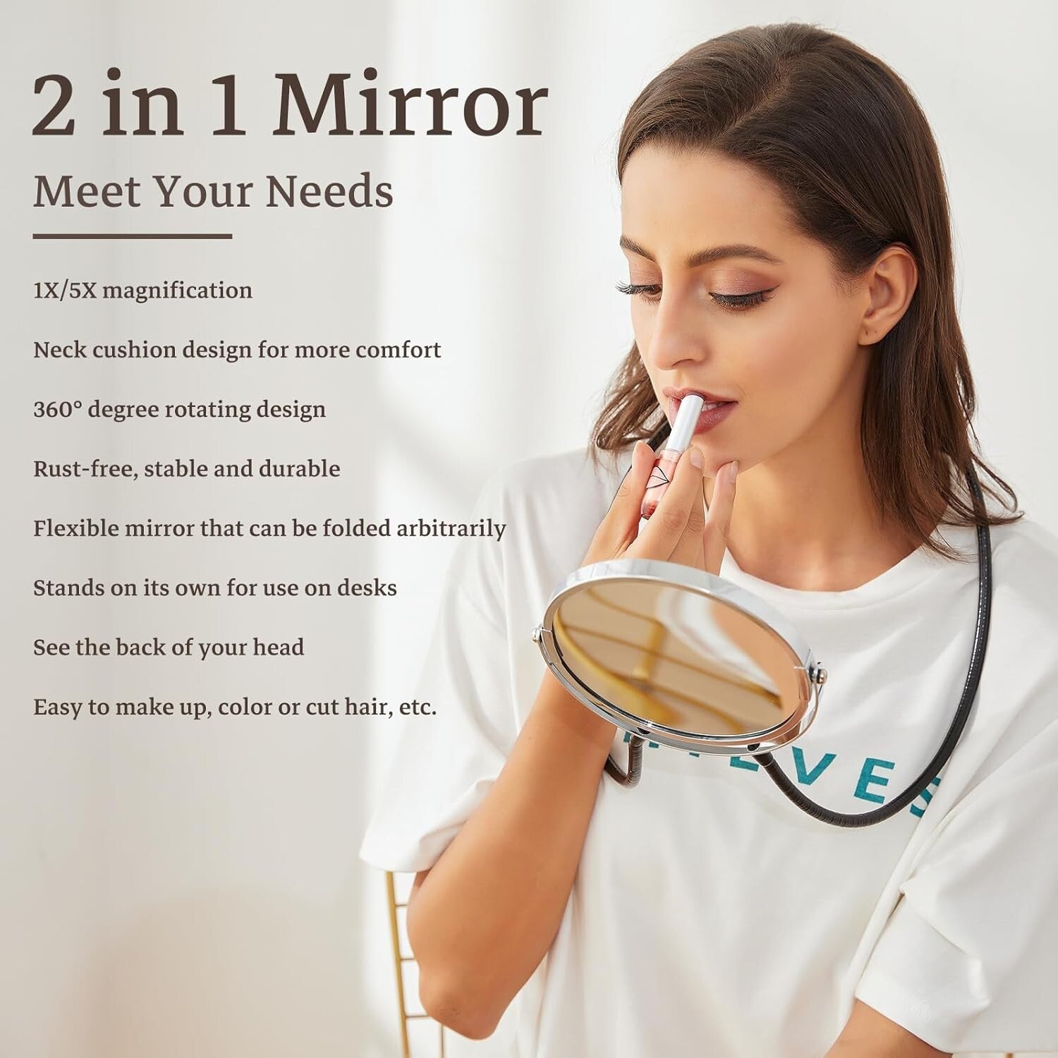 Double-Sided Travel Mirror with 5X Magnification - Flexible Neck for Precision