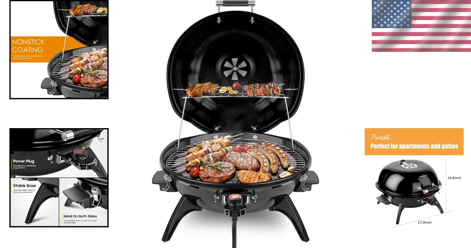15-Serving Electric Indoor/Outdoor Grill - Removable Stand & Double Layer Design
