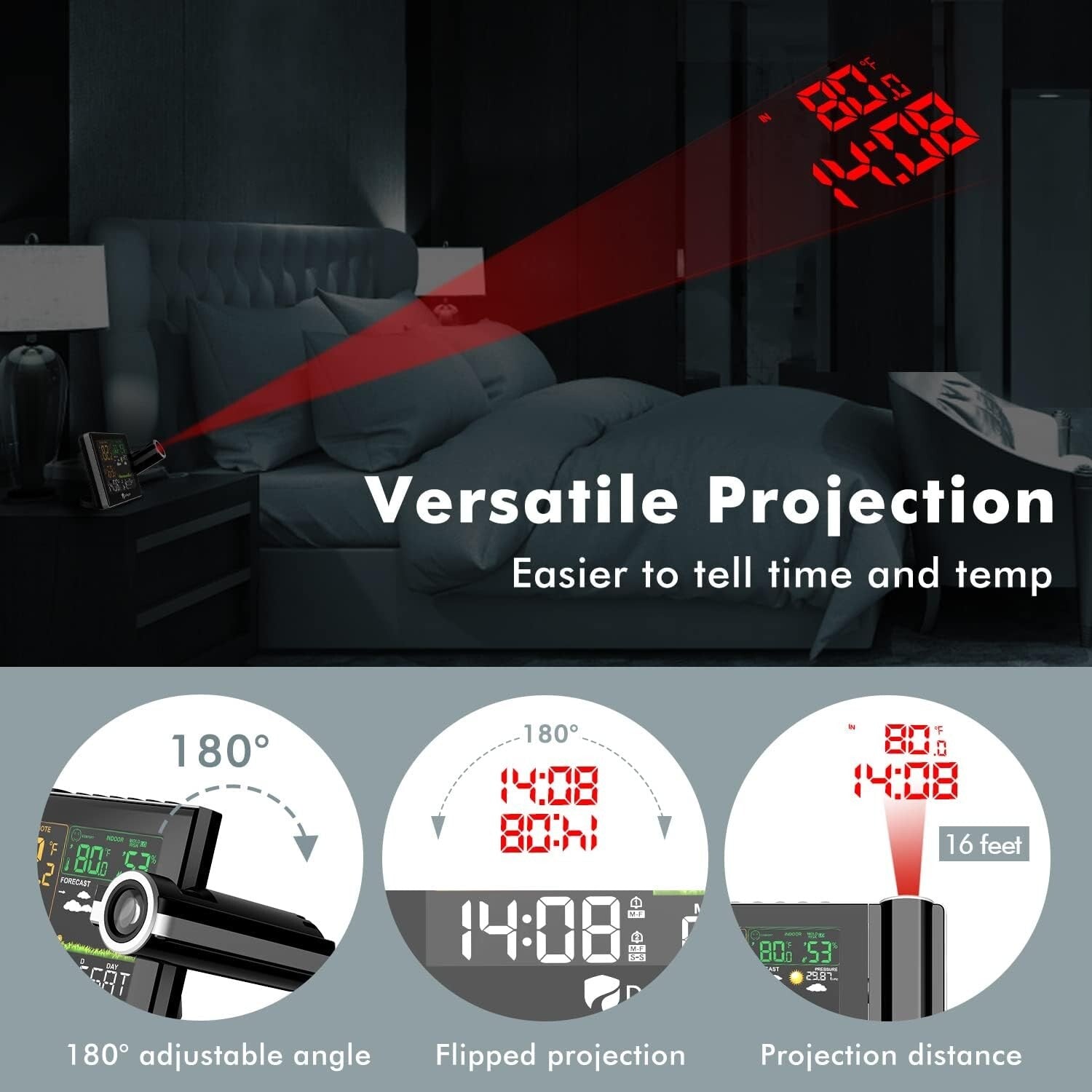180° Adjustable Projection Alarm Clock with Wireless Temperature Monitor