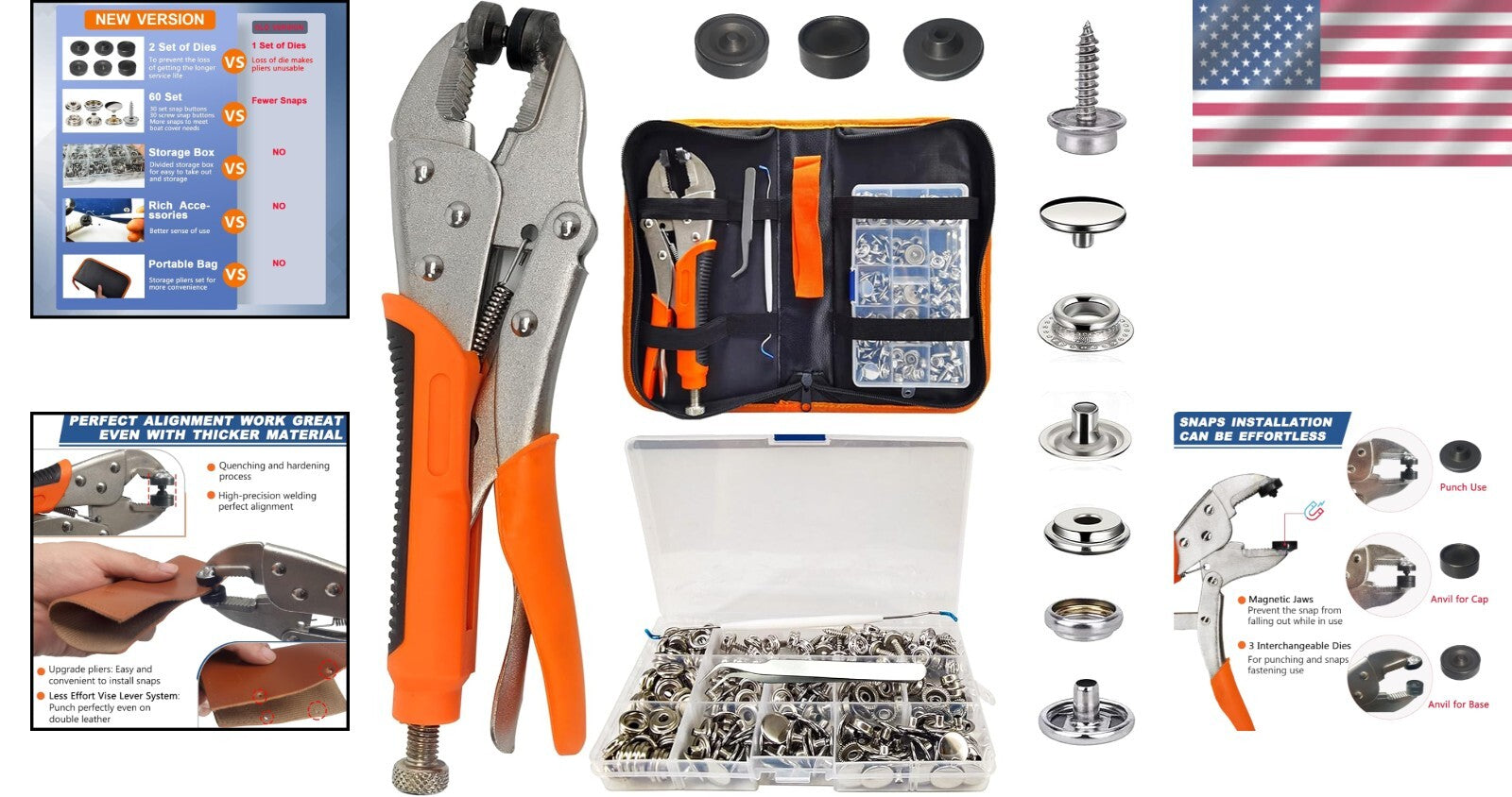 Stainless Steel Heavy Duty Snap Pliers with 60 Snaps for Marine & Leather Use