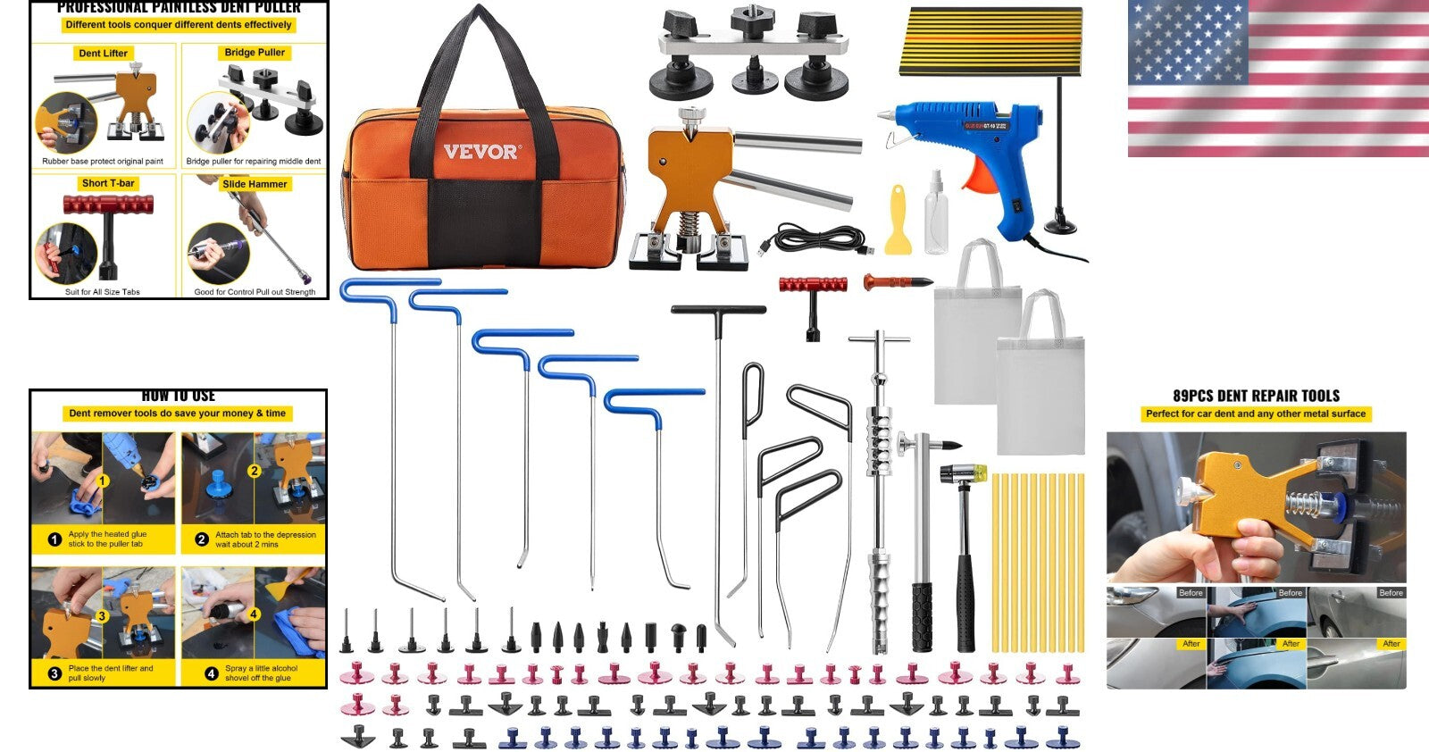 Stainless Steel Dent Removal Rods Kit with Glue Puller & Reflecting Board
