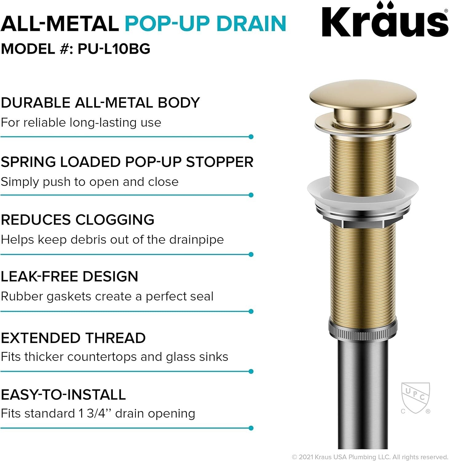 Elegant Brushed Gold Pop-Up Drain Assembly for Vessel Sinks - 10 3/4" Size