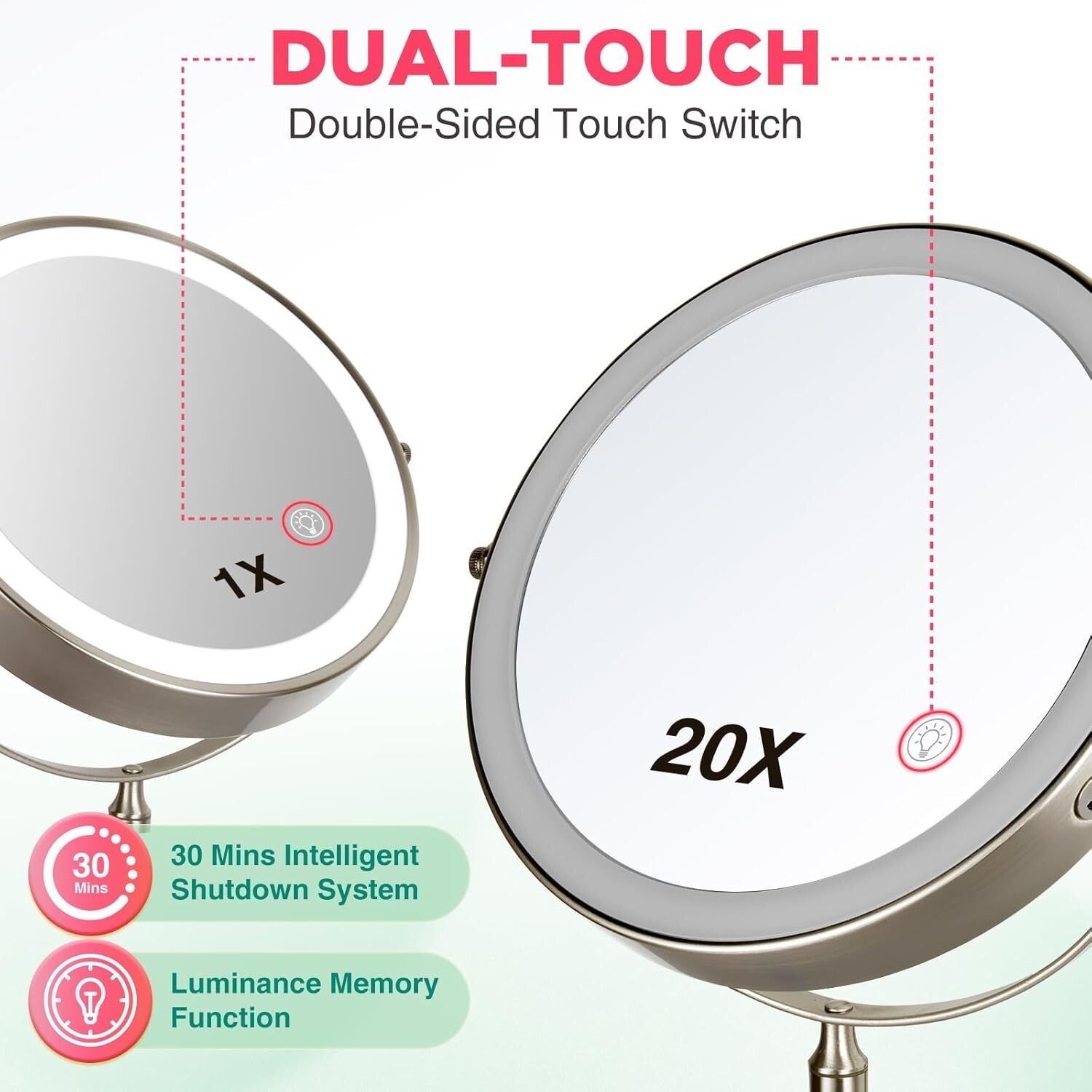 Double-Sided 20X/1X Makeup Mirror with Adjustable Brightness & 3 Color Lights