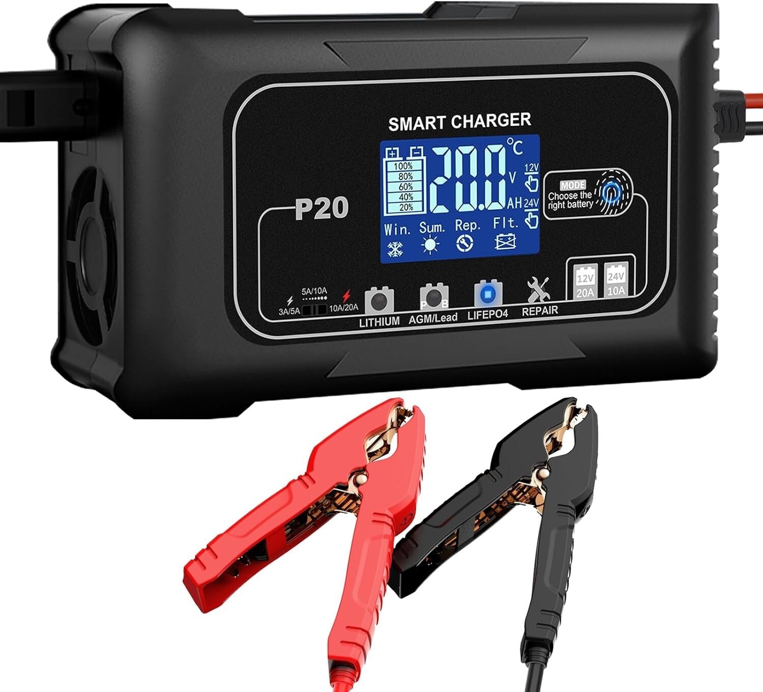 Durable 20A Smart Battery Maintainer for 12V and 24V Vehicles - Safe & Efficient