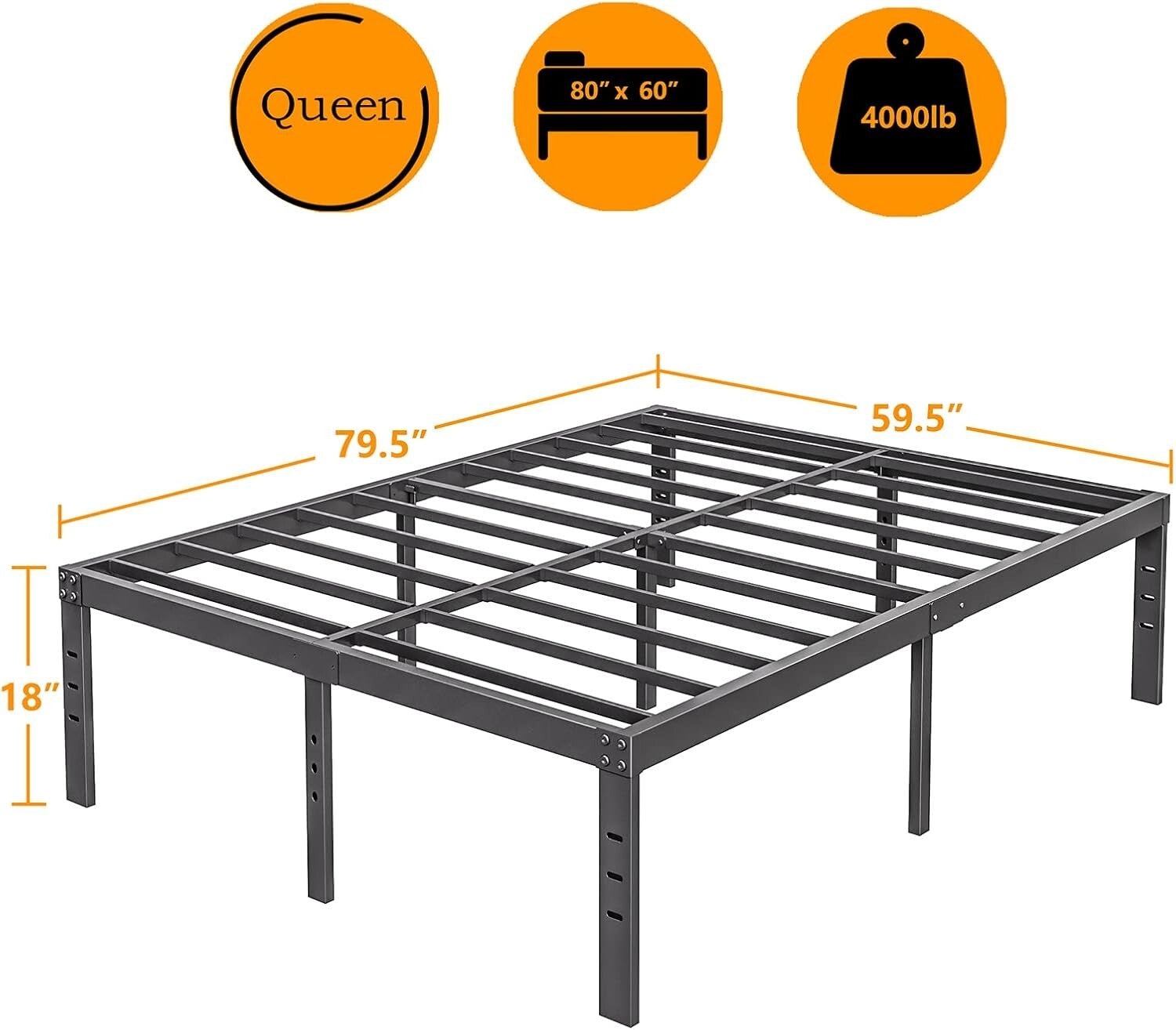 Elegant Black Metal 18-Inch Queen Bed Frame with Complete Storage Solution