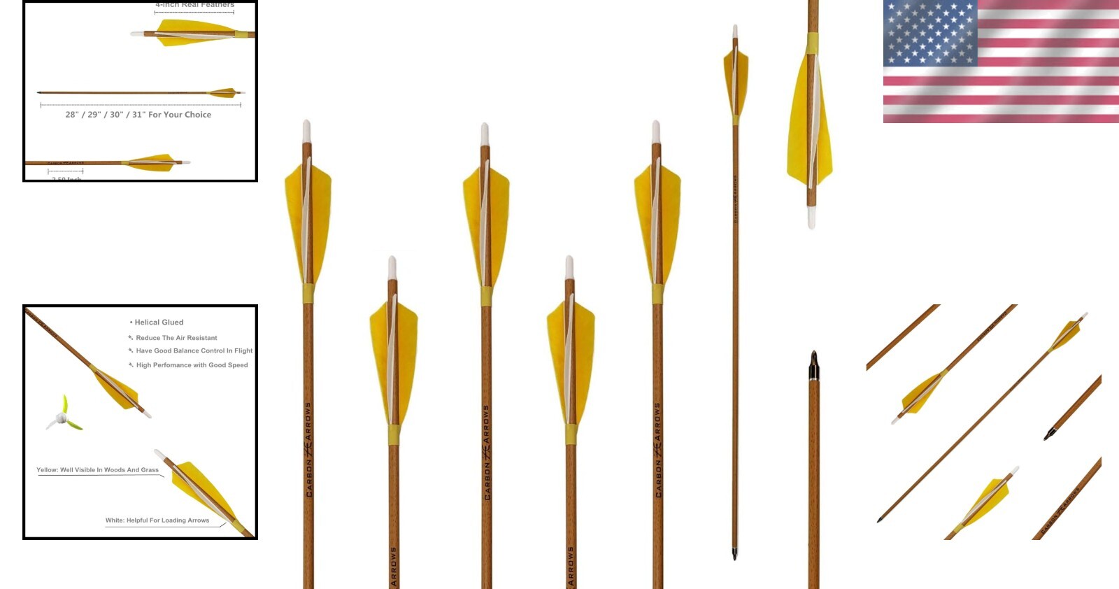 6-Pack 28-Inch Carbon Arrows with Natural Fletching for Compound & Recurve Bows
