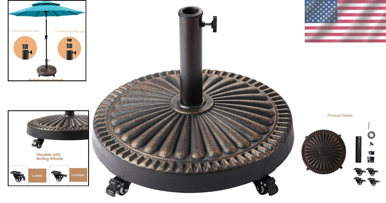 Durable 52 lb Round Rolling Umbrella Stand with Adjustable Holder for Outdoors