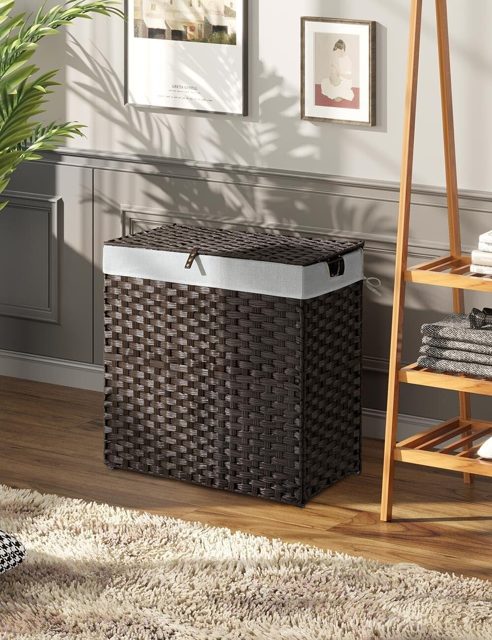Collapsible Brown Laundry Basket with Removable Liners - No Install Needed