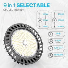 Load image into Gallery viewer, IP65 Rated 150W UFO LED High Bay Light - 1-10V Dimmable Indoor Lighting Solution