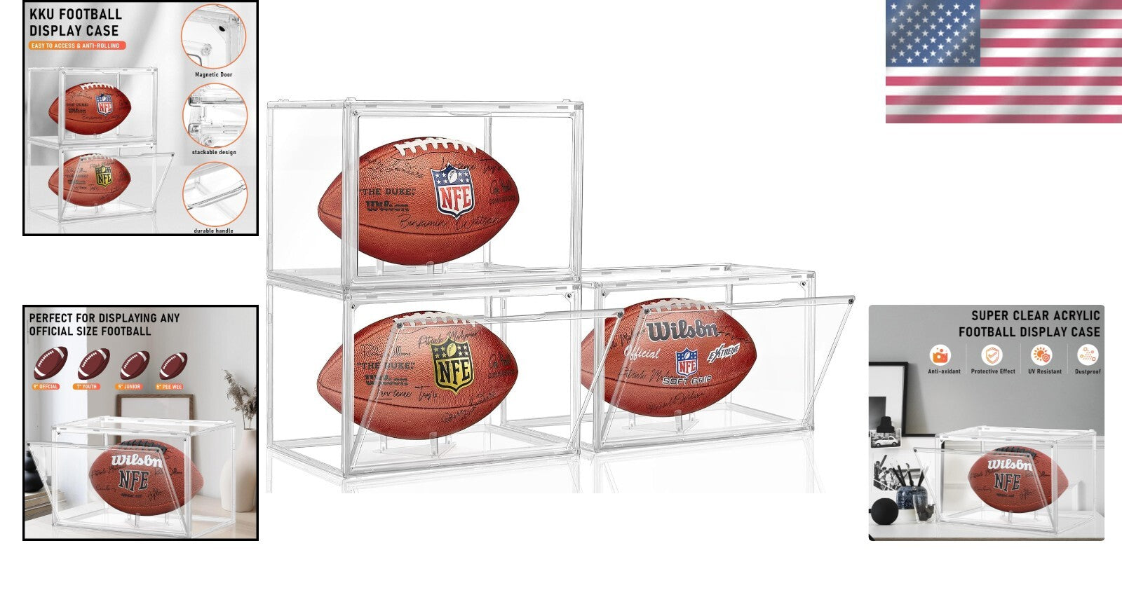 Full Size Football Display Cases - Clear Acrylic with Easy Access Magnetic Door