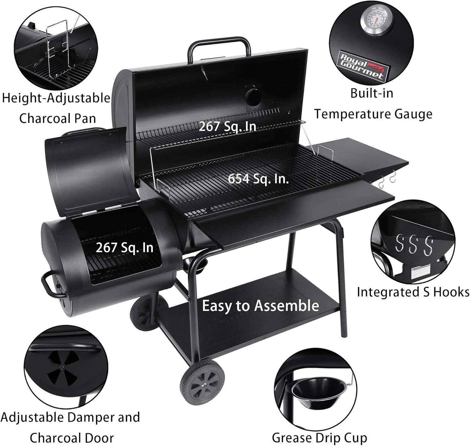 Durable Barrel Charcoal Grill with Side Smoker - 1200 Sq. in. Cooking Space