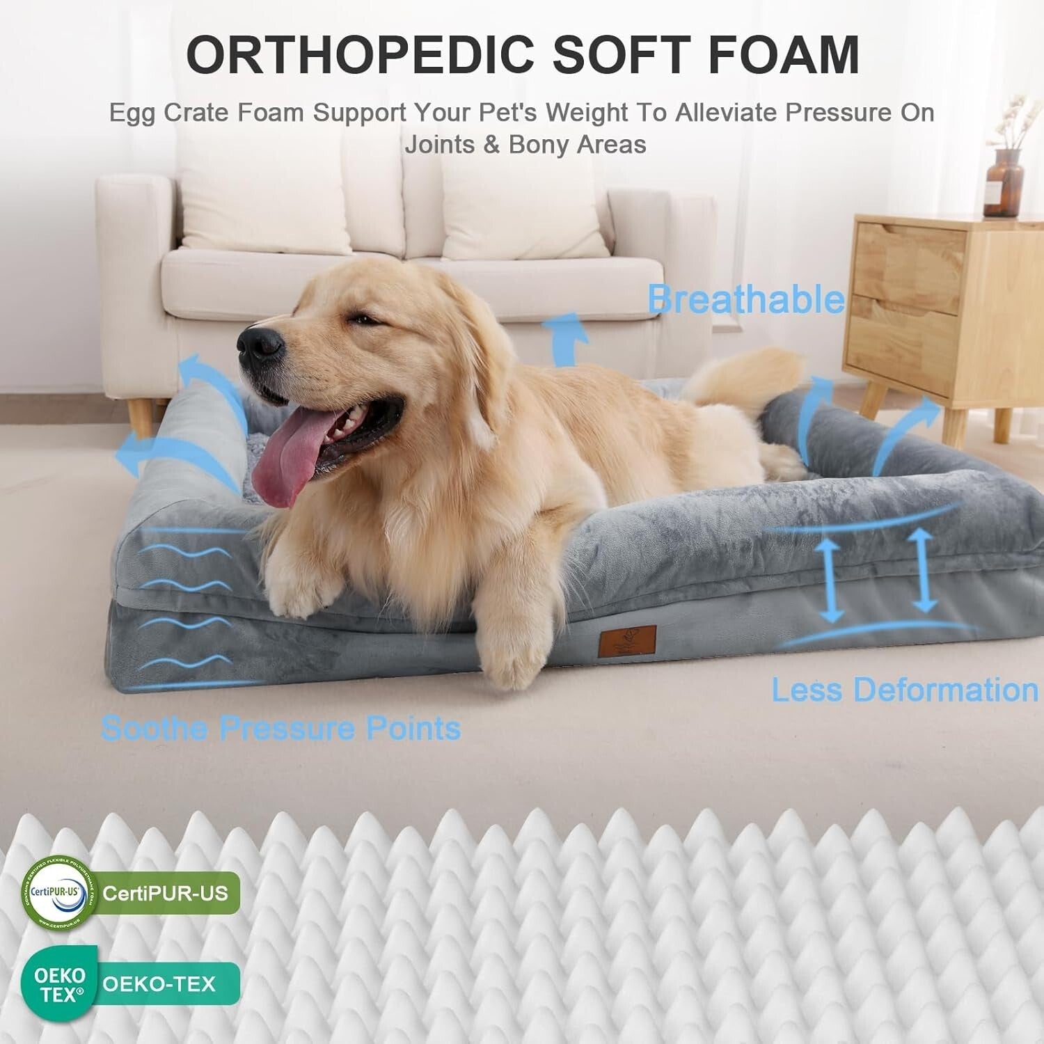 Large Cozy Dog Bed with Anti-Slip Bottom & Memory Foam Bolster for Extra Comfort