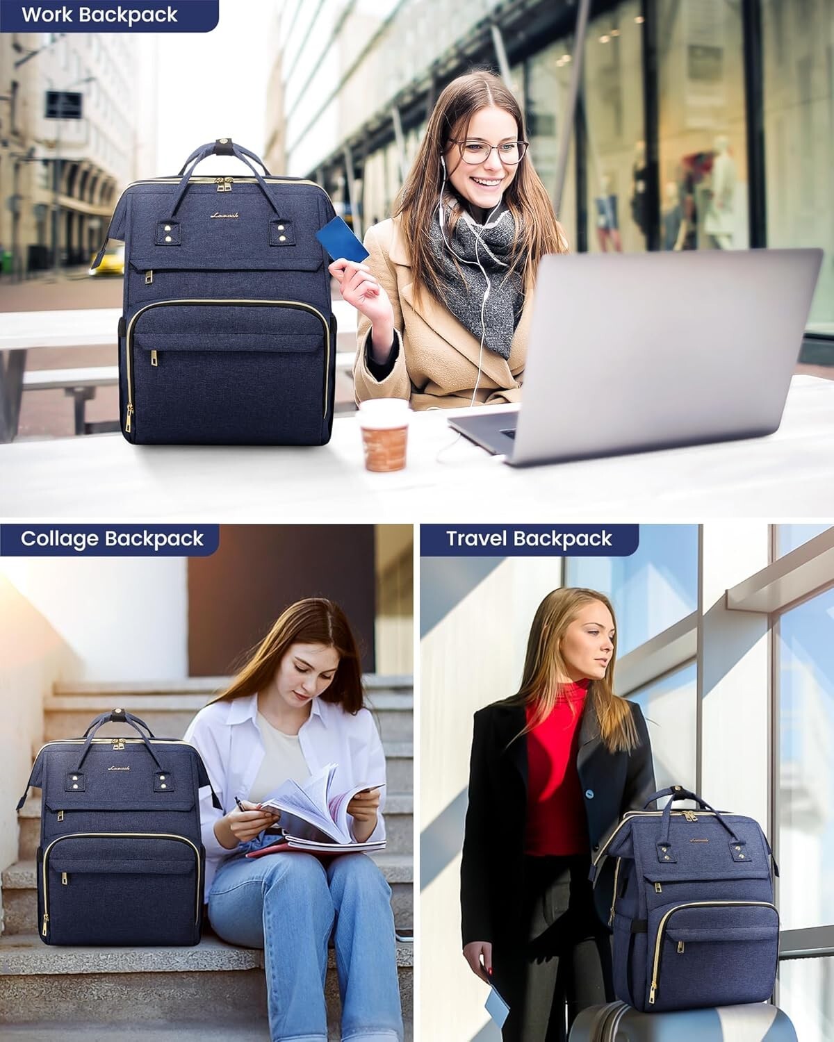 Chic Navy Backpack for Women with Doctor Bag Opening – Perfect for Work & Travel