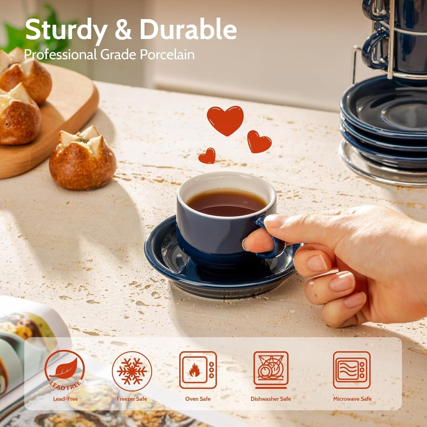 Set of 4 Stackable 4oz Espresso Cups with Saucers & Stand - Navy Comfort