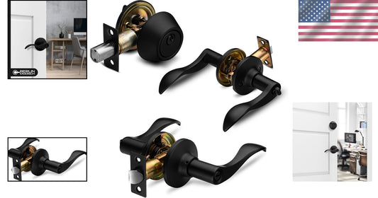 Reversible Iron Black Door Handle with Deadbolt Keyed Alike - Easy Install