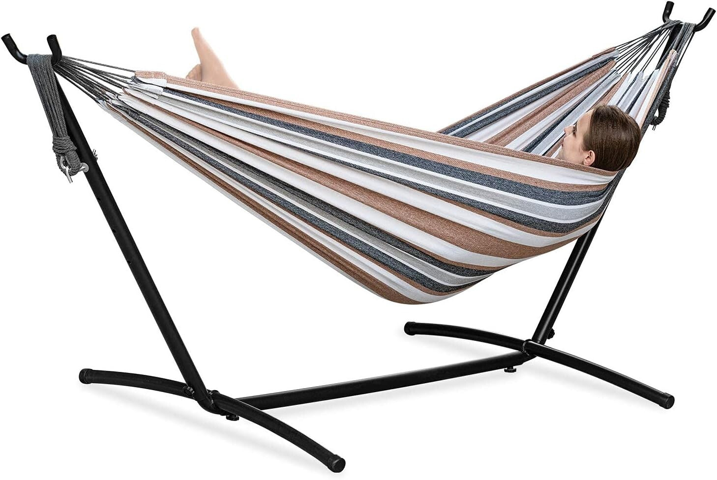 Easy-Setup Double Hammock with Stylish Steel Stand & Travel Bag - Coffee Color