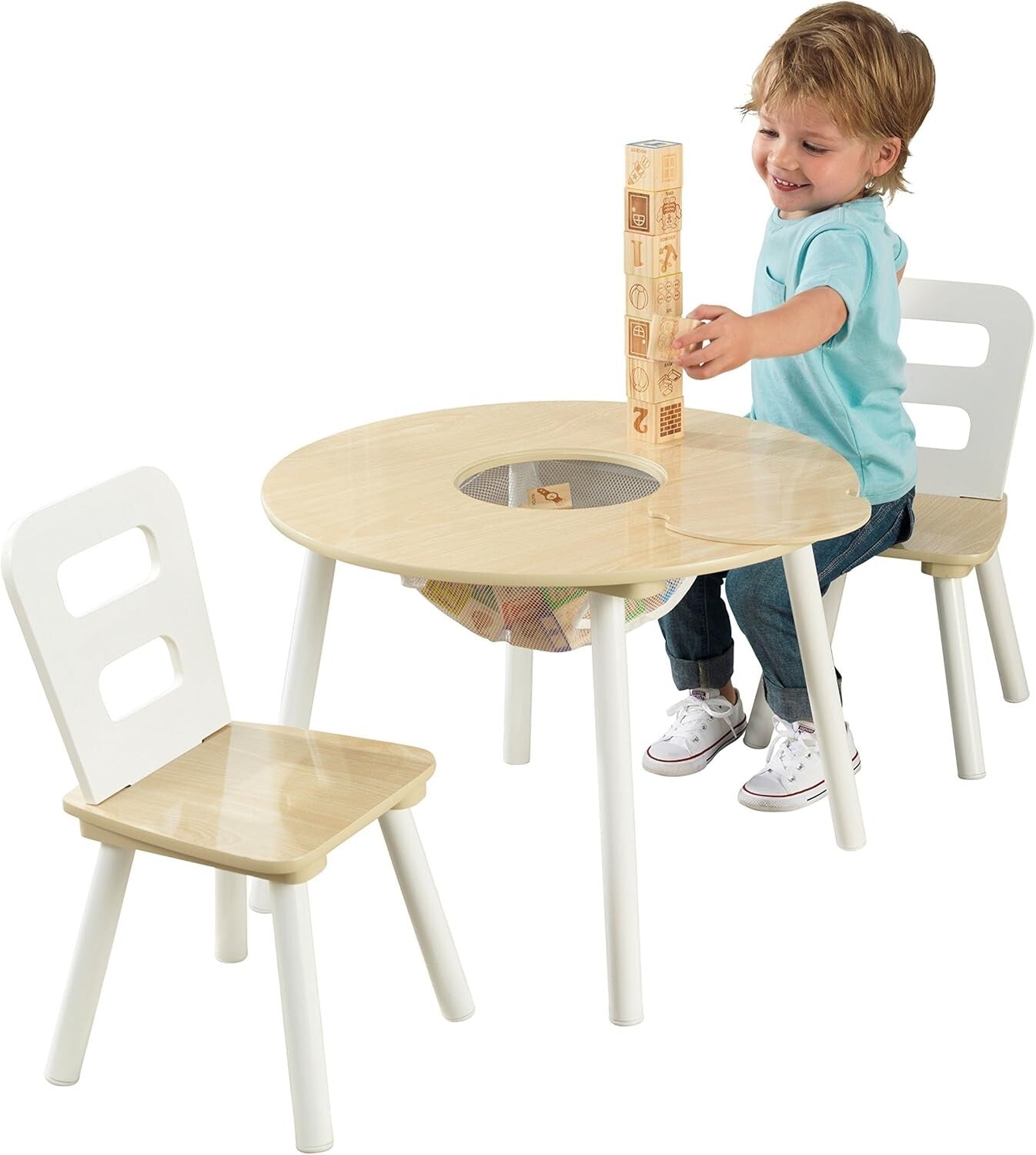 Wooden Round Table & 2 Chair Set with Hidden Storage for Kids Playrooms