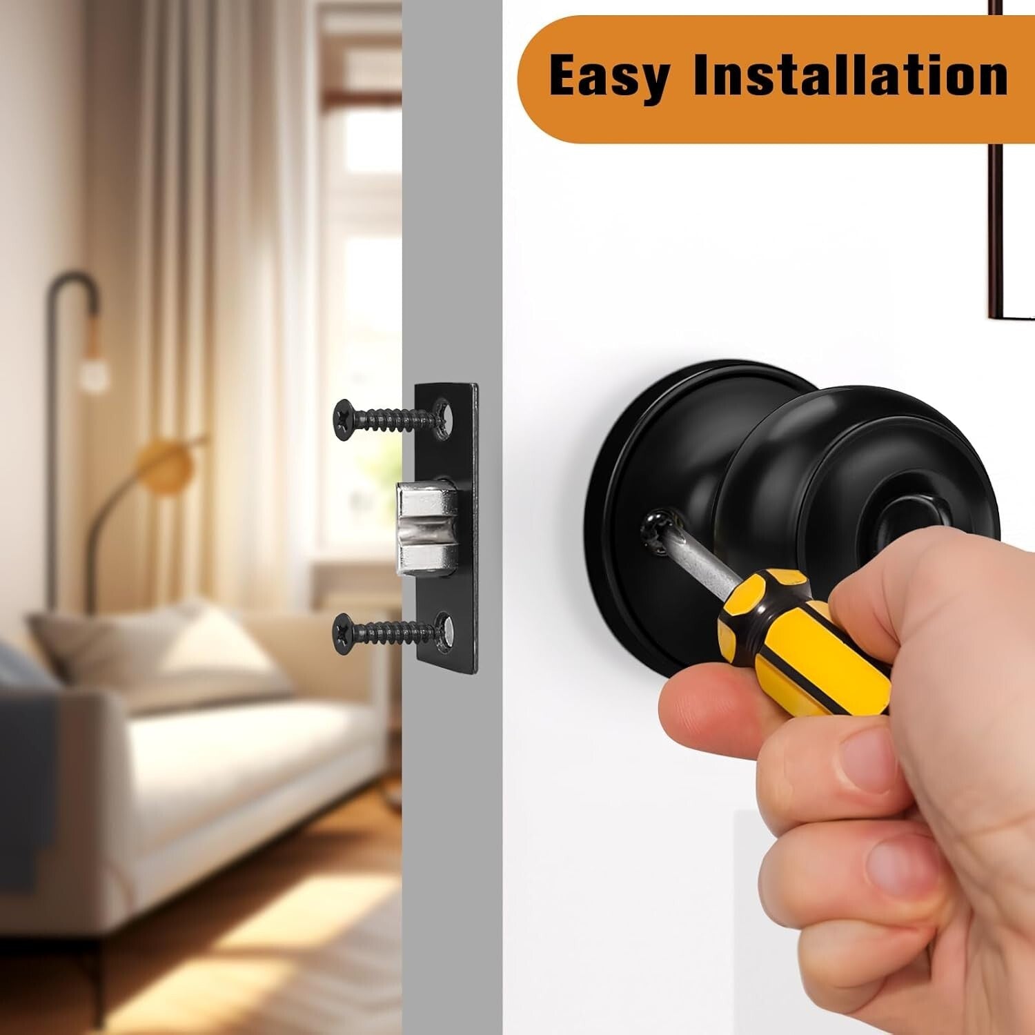 Matte Black Round Door Handles Set of 8 - Keyless Privacy Lock for Interiors