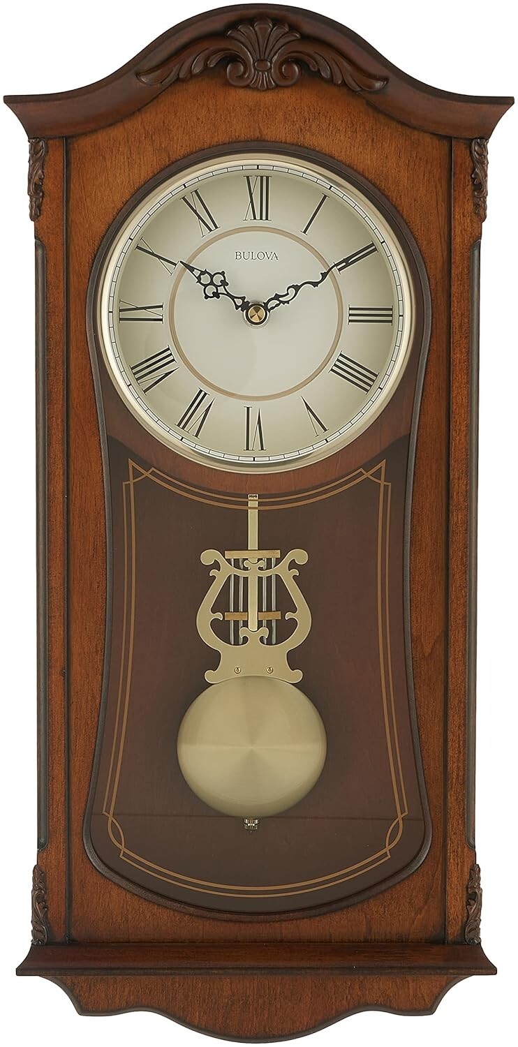 Charming Brown Analog Wall Clock: Walnut Wood, Pendulum, and Roman Numerals