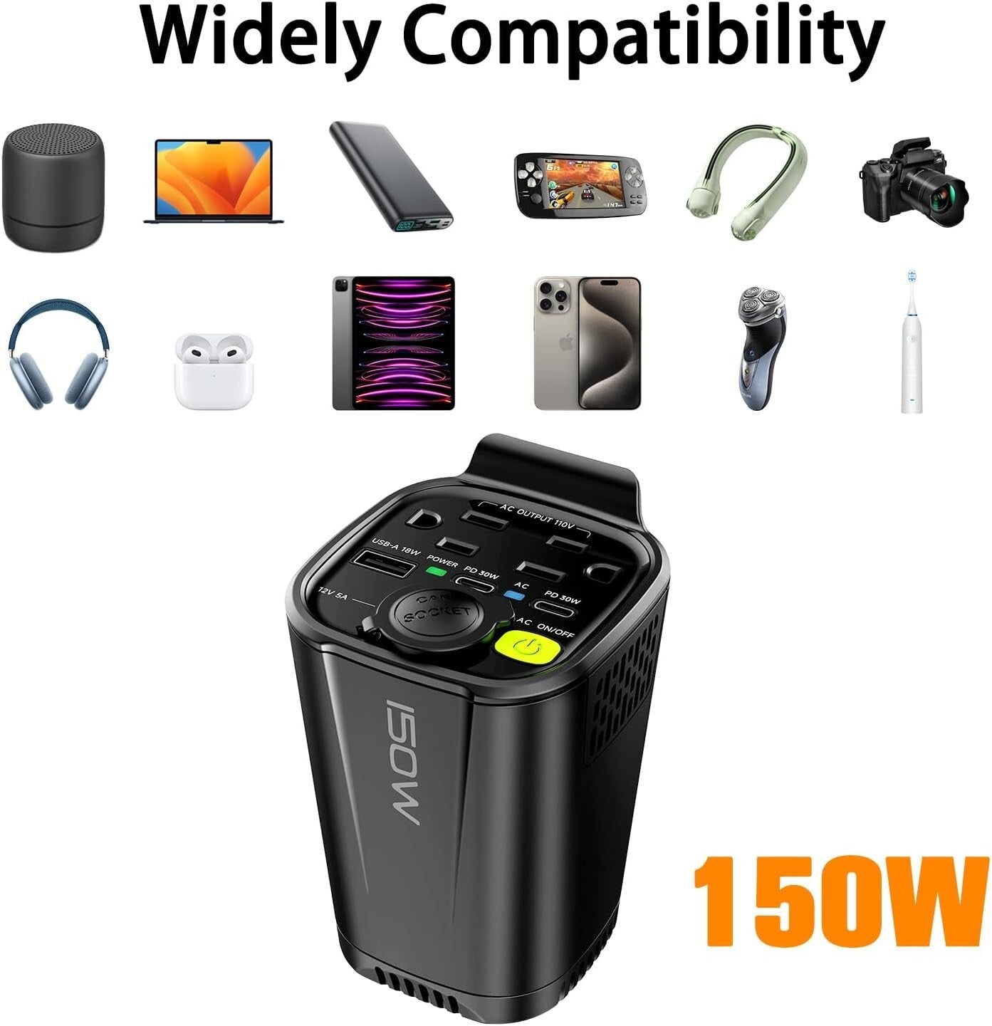 150W Car Power Inverter with Dual AC Outlets and USB Ports - Cup Holder Design
