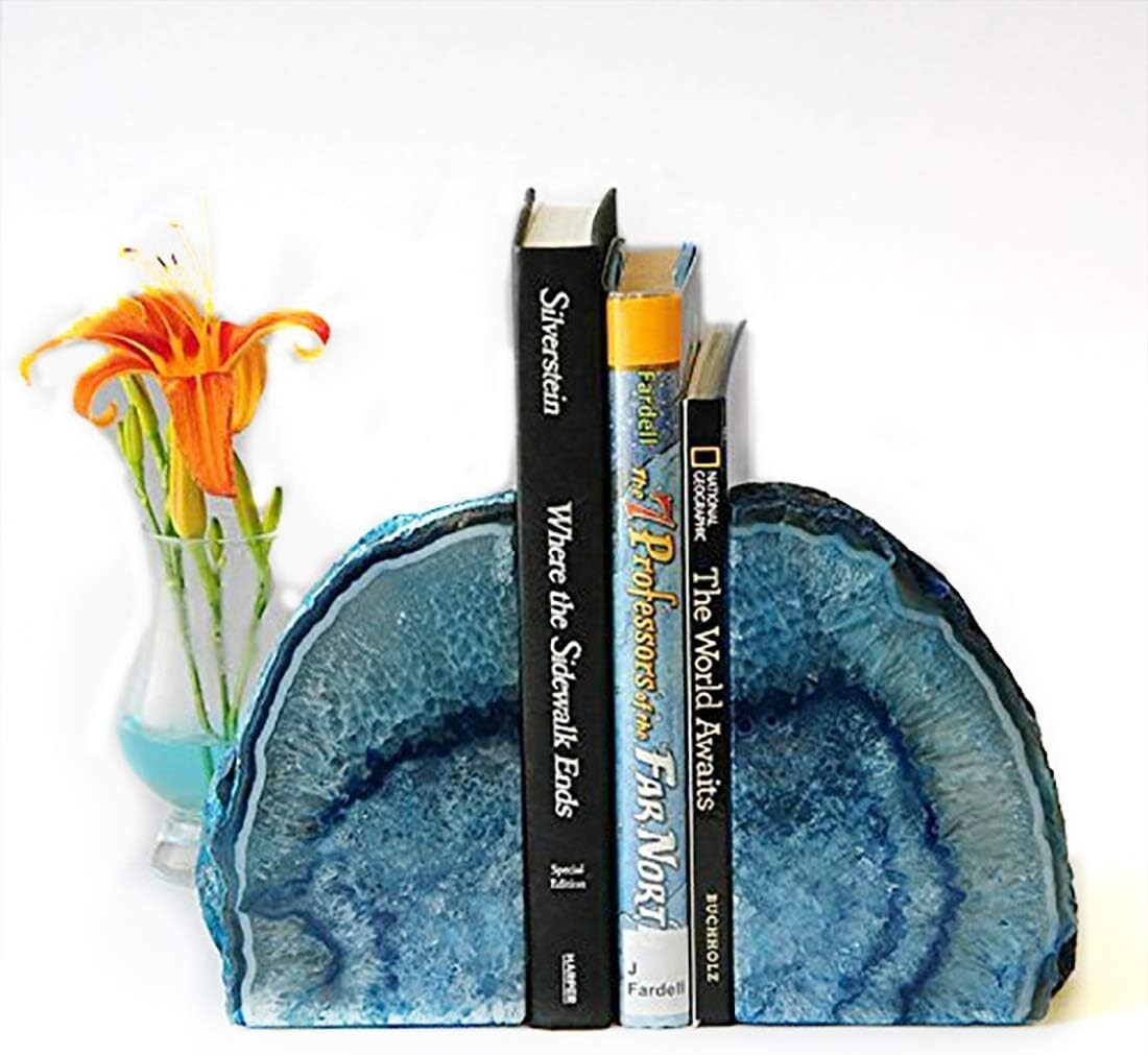 Artistic Blue Agate Bookends - Decorative Crystal Holding Bookends Pair, 3.5 lbs