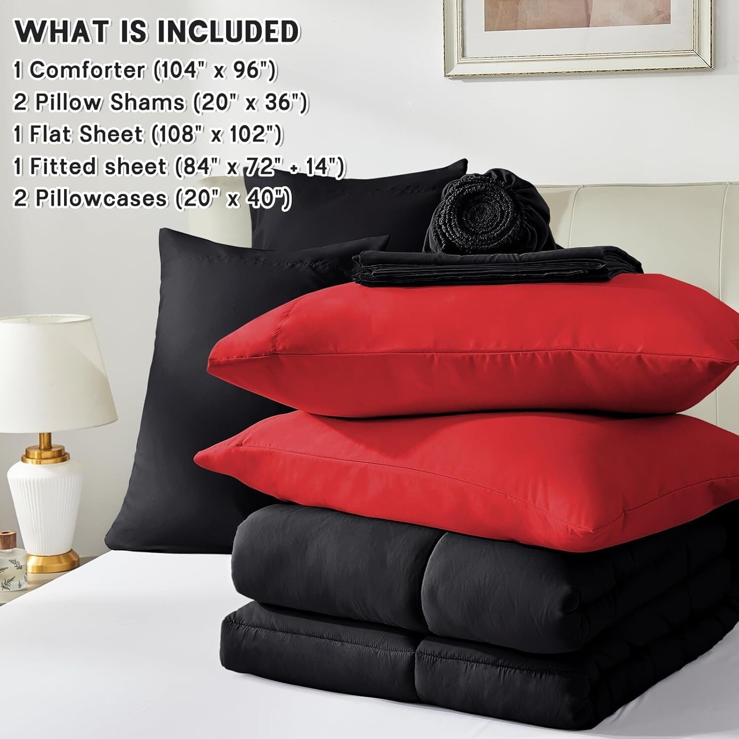 7-Piece All-Season Bedding Set with Black & Red Microfiber Comforter - Cal King