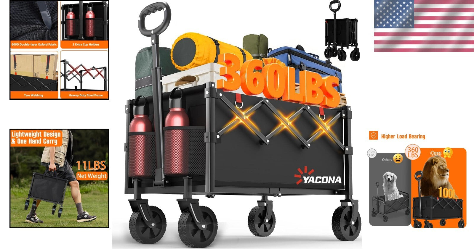 Lightweight Portable Utility Shopping Cart with Anti-Slip Wheels for Outdoors