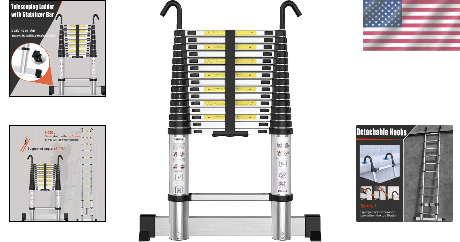 Premium Aluminum Telescoping Extension Ladder - 20FT, 330lbs Capacity, EN131