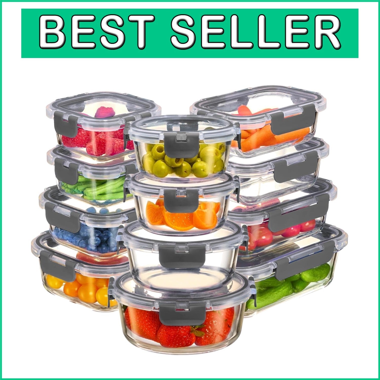 Durable 24-Piece Set of Glass Meal Prep Containers - Airtight & Stackable Design