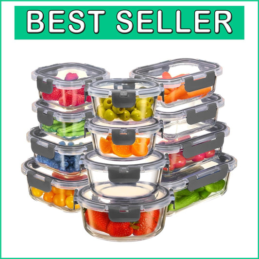 Durable 24-Piece Set of Glass Meal Prep Containers - Airtight & Stackable Design