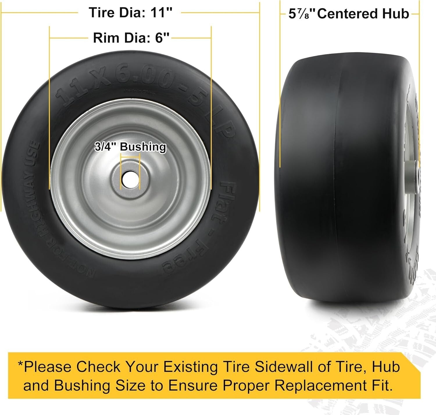 Durable 11" x6.00-5" Flat Free Tire for Zero Turn Mowers with Extra Adapters