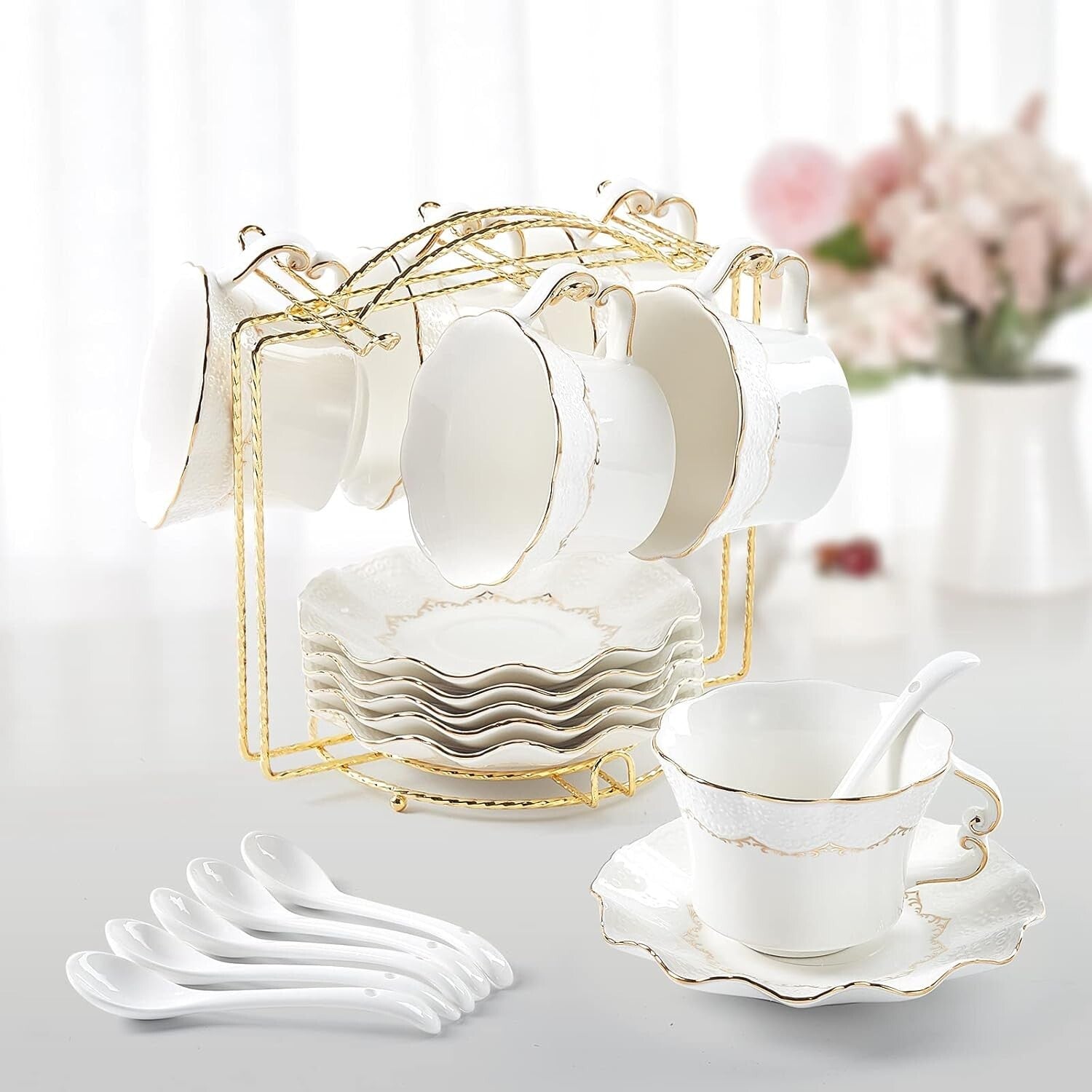 Luxury British Porcelain Tea Cups and Saucers with Butterfly Handles Set of 6