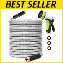 Load image into Gallery viewer, Professional Garden Hose 100ft - Rust-Proof Stainless Steel &amp; 10-Pattern Nozzle