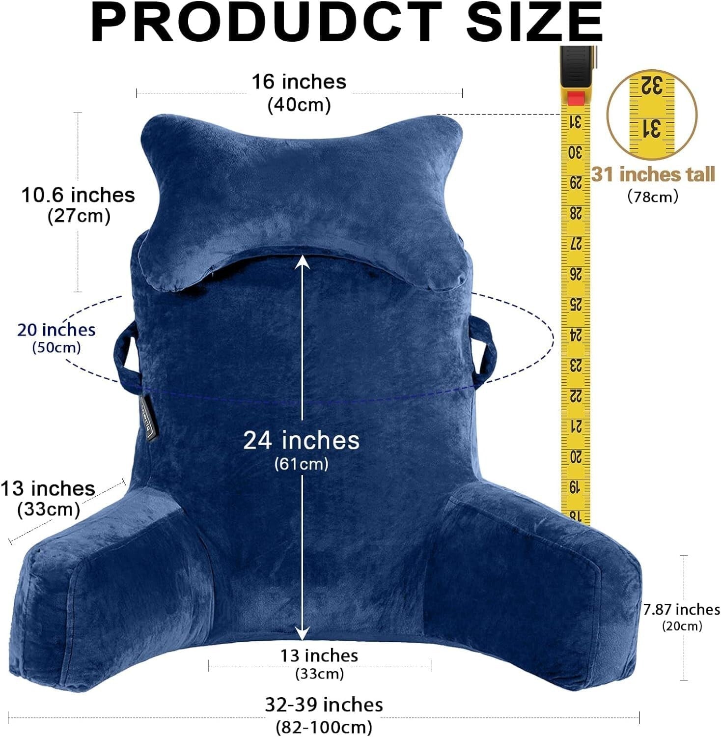 Extra Large 31'' Reading Pillow - Deluxe Backrest with Neck Roll & Arm Support