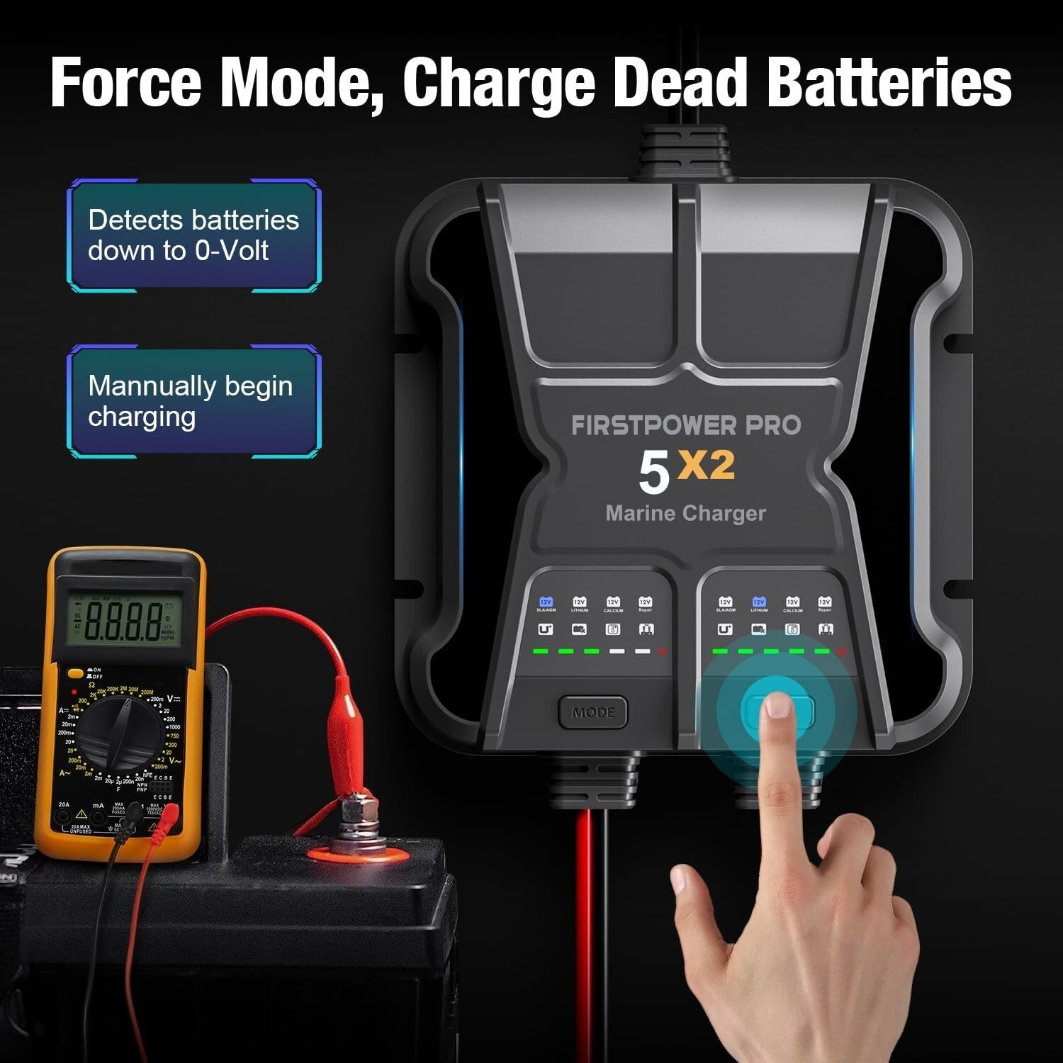 IP68 Onboard Battery Charger - 2-Bank, 10A for SLA/Lithium & Calcium Batteries