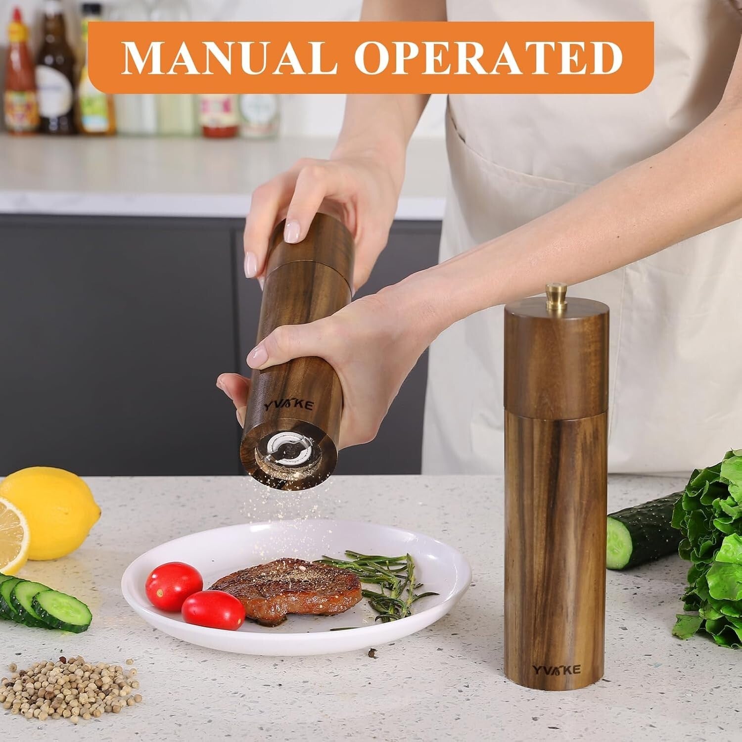 8-Inch Manual Salt and Pepper Grinders - Adjustable Coarseness & Natural Wood